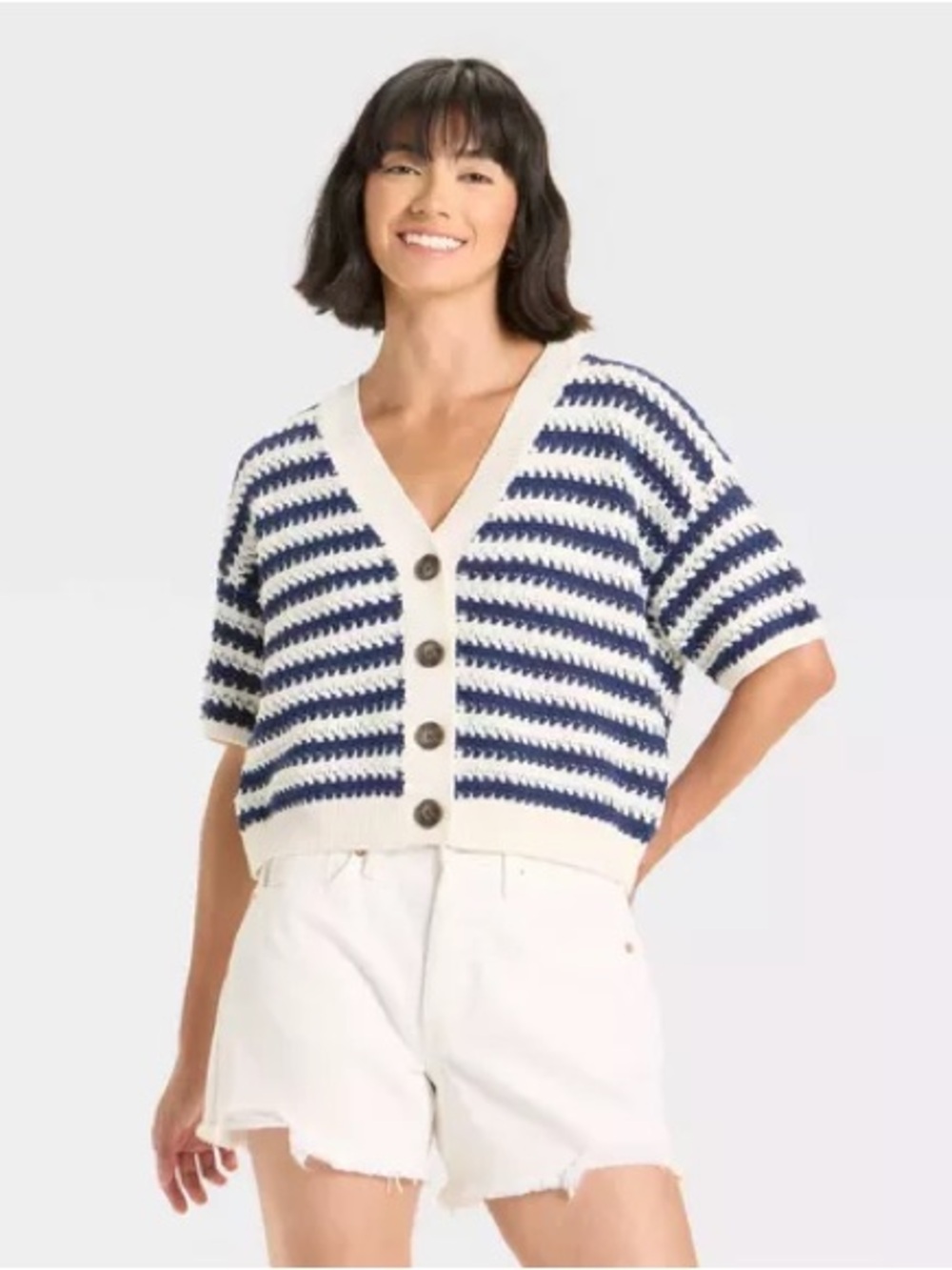 Universal Thread Striped Short-Sleeve Cardigan Sweater in Navy‎ and Cream 2X